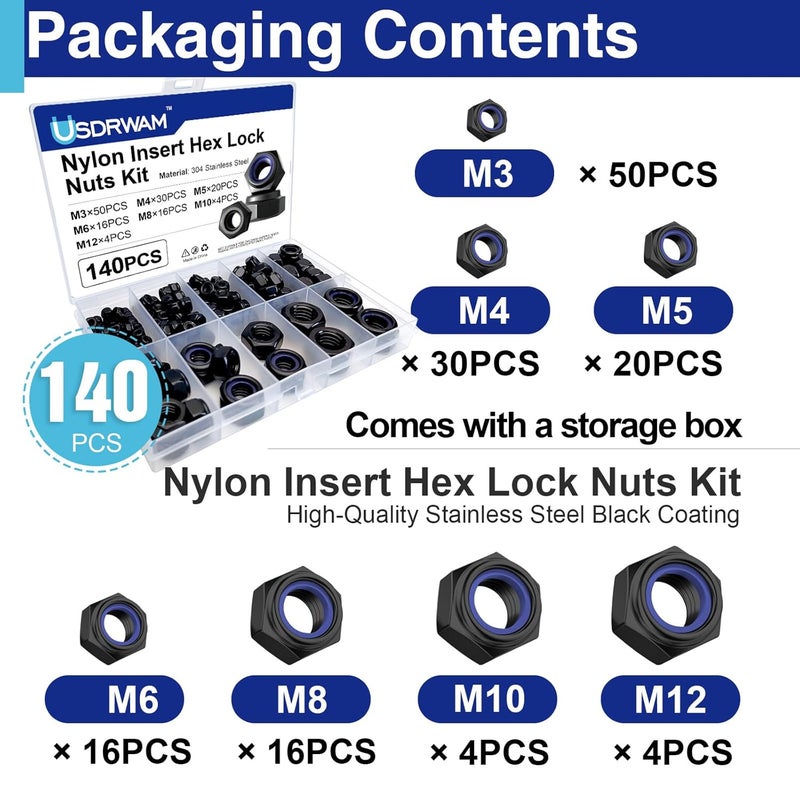 Usdrwam 140 Pcs Lock Nuts Assortment Kit M3 M4 M5 M6 M8 M10 M12, 304 Stainless Steel Black PVD Coated Nylon Insert Hex Nuts - Image 3